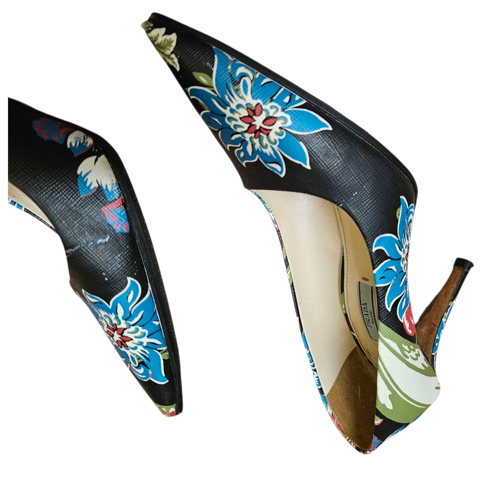 Prada Navy Floral Platform Heels Size 37 Or Size 6.5 - Picture 2 of 6